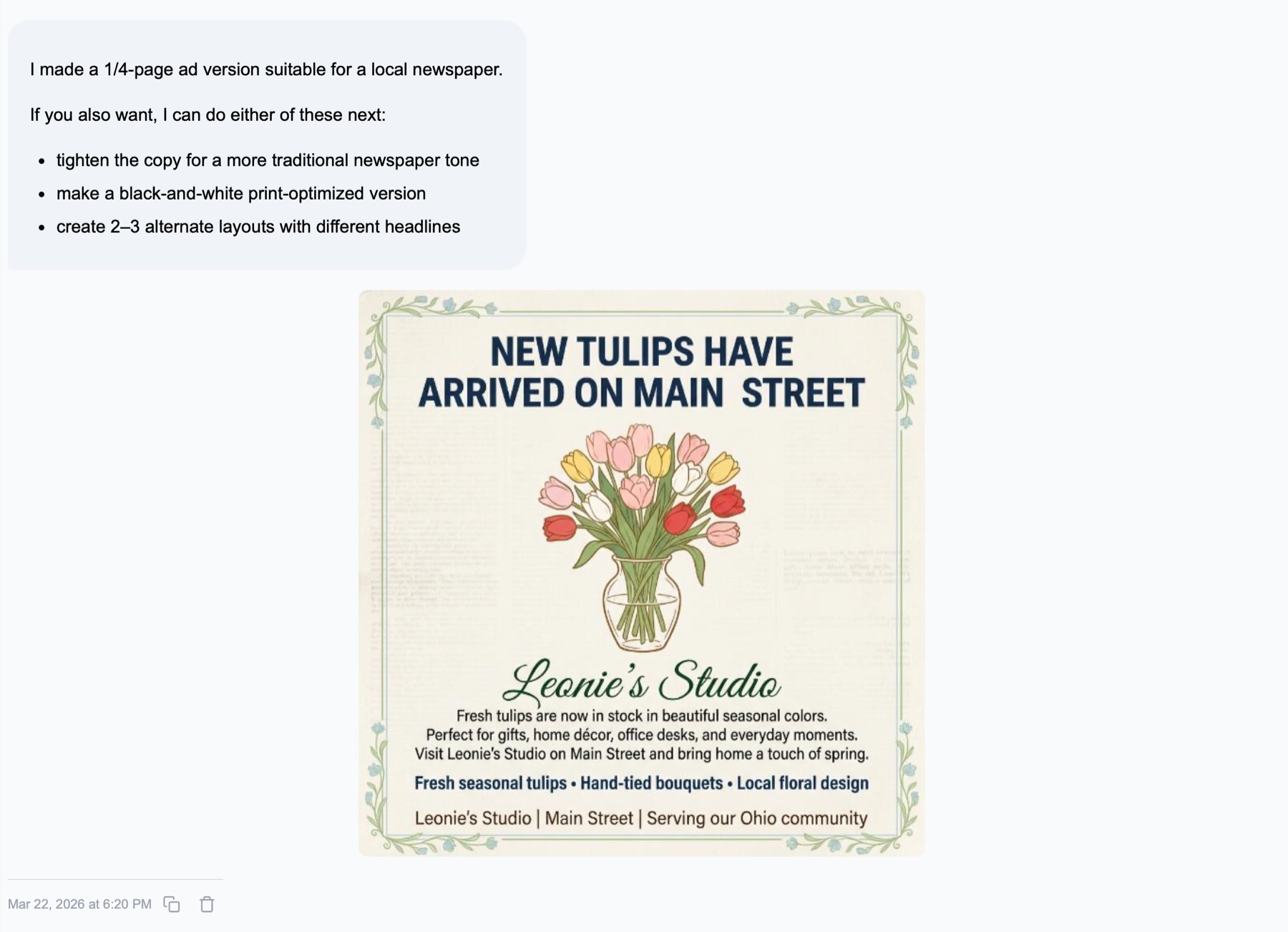 Nilo showing a quarter-page local community newspaper ad concept for a florist studio
