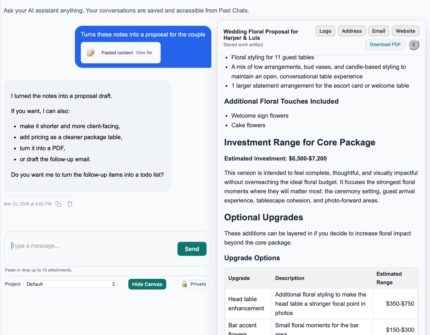 Nilo showing florist consultation notes pasted into chat and a first draft response appearing